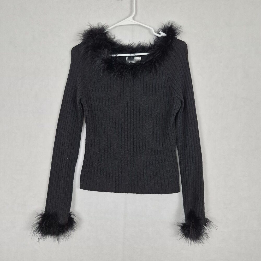 Y2k Vtg Phosphorus Ribbed Knit Fitted Black Large Sweater Boa Feather Trim 90s.